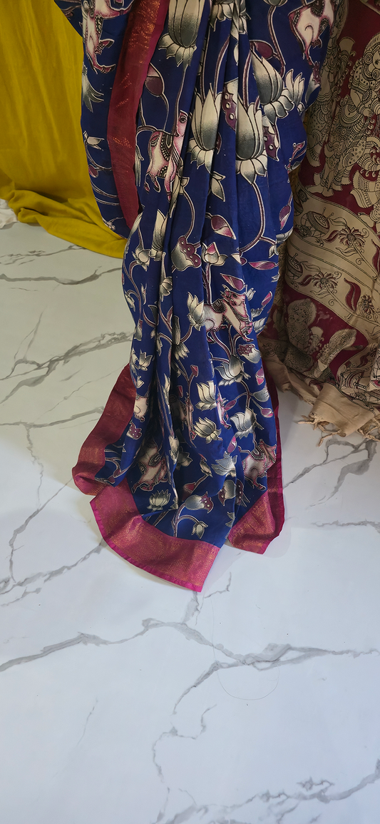 Sophisticated Purple and Red Kalamkari Mangalagiri Silk Saree with Nizam Border and Hand Block Design