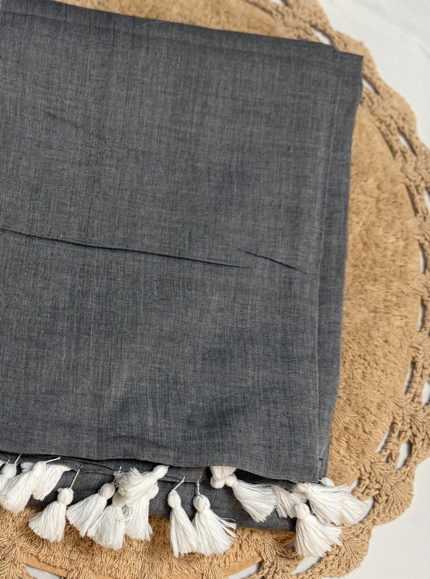 Classic Grey Mul Cotton Saree with White Tassel Pallu