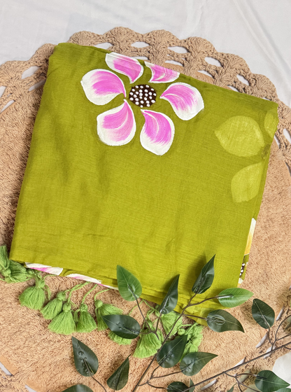 Lime Green Mul Cotton Saree with Hand-Painted Pink Floral Design & Contrast Tassels