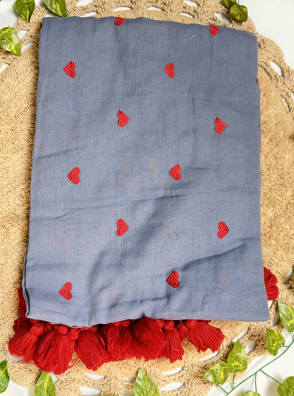 Smoky Grey Mul Cotton Saree with Red Heart Motifs & Tassels