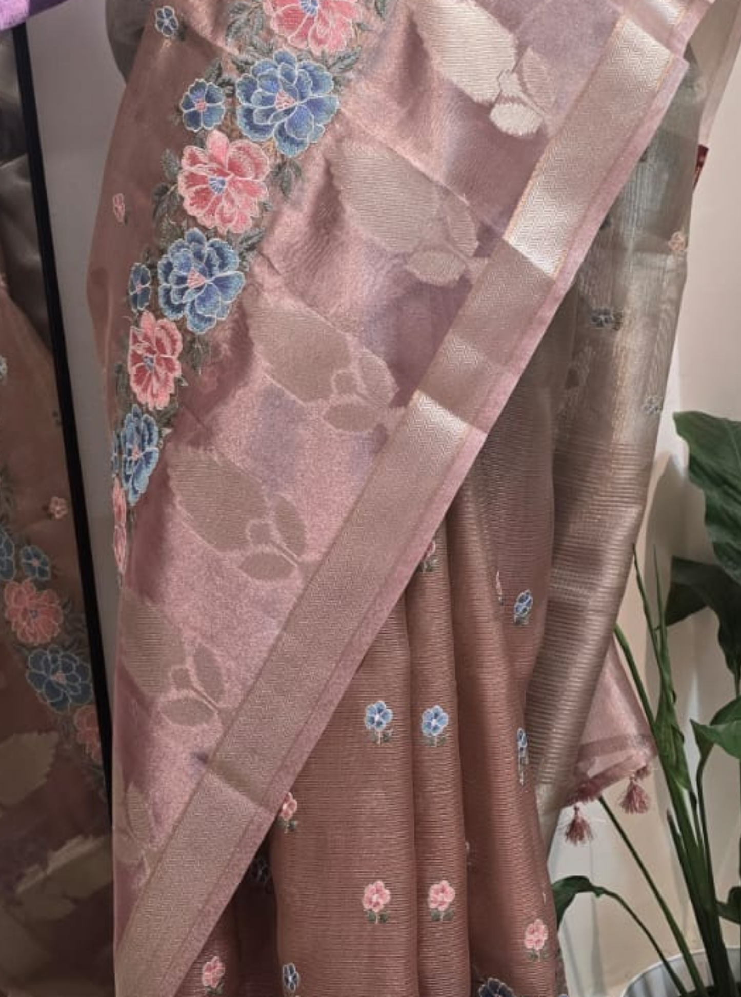 Blush Pink Tissue Organza Saree with Floral Embroidery