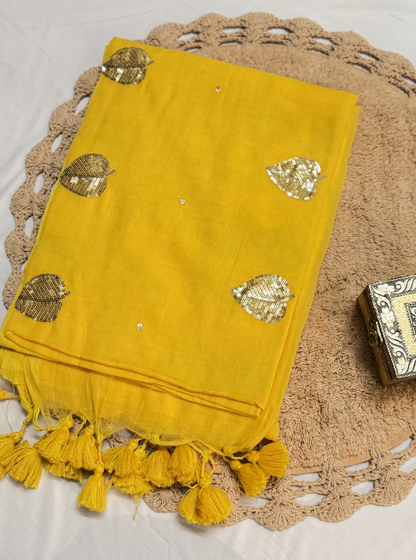 Sunshine Yellow Mul Cotton Saree with Sequin Leaf Motifs & Tassels