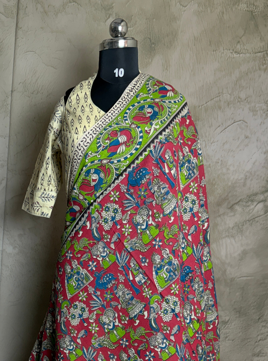 Rani Pink Cotton Kalamkari Saree with Traditional Figurative Prints