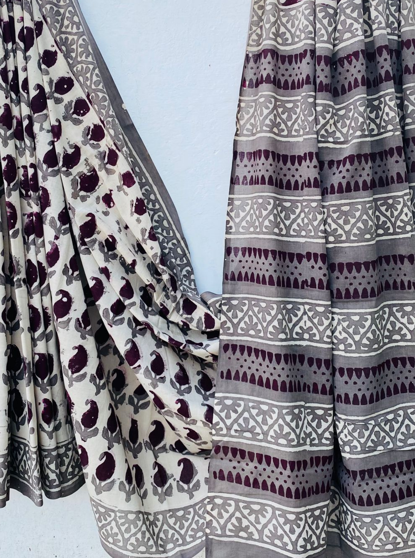 Elegant Grey & Plum Bagru Handblock Printed Cotton Saree
