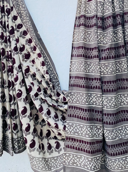 Elegant Grey & Plum Bagru Handblock Printed Cotton Saree