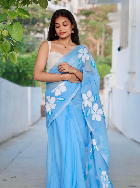 Sky Blue Mul Cotton Saree with Minimal Floral Accents