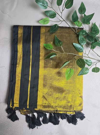 Elegant Mustard Gold Tissue Mul Cotton Saree with Black Border & Tassel Pallu