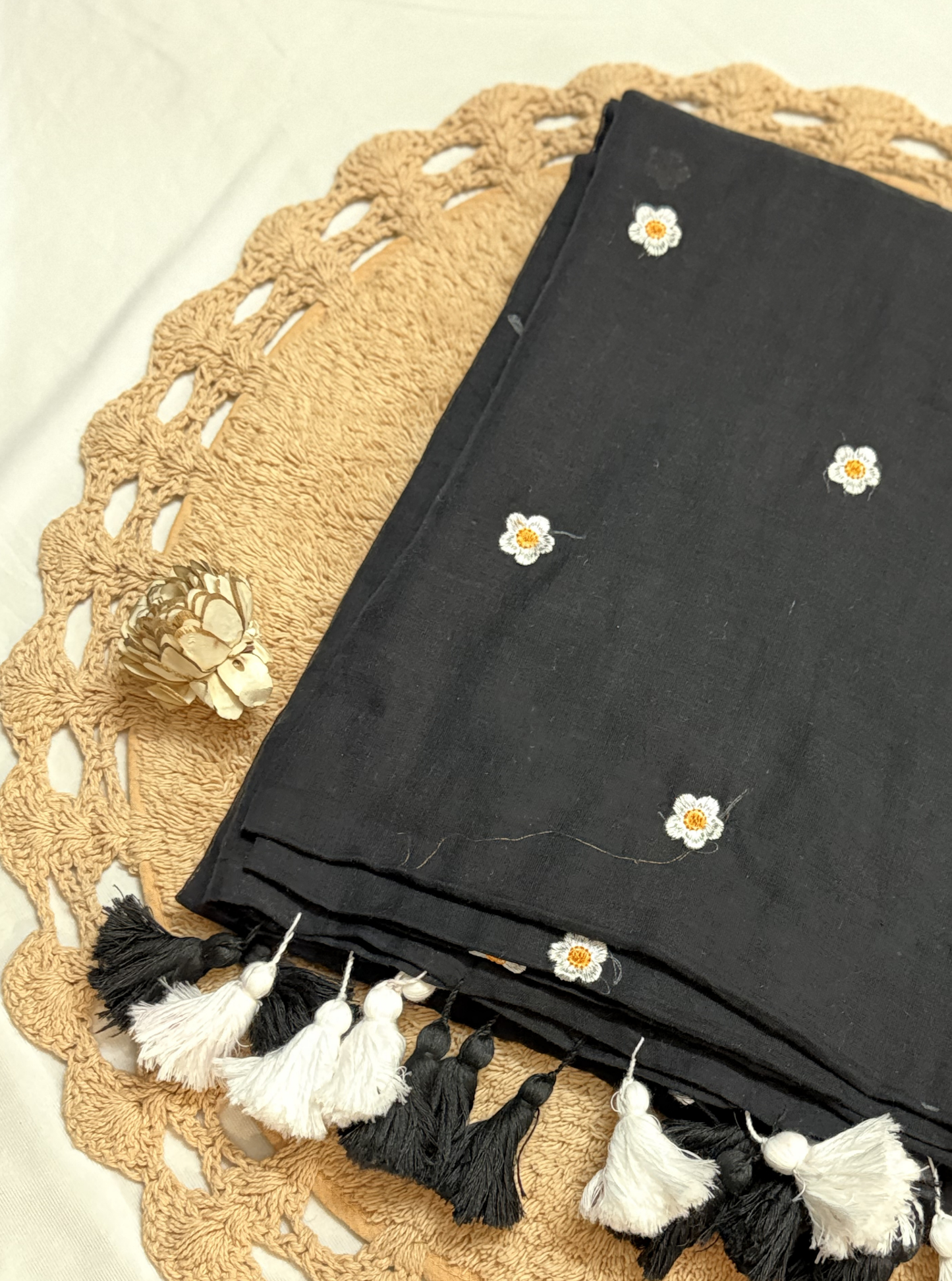Daisy Charm Black Mul Cotton Saree with Floral Butti & Tassels