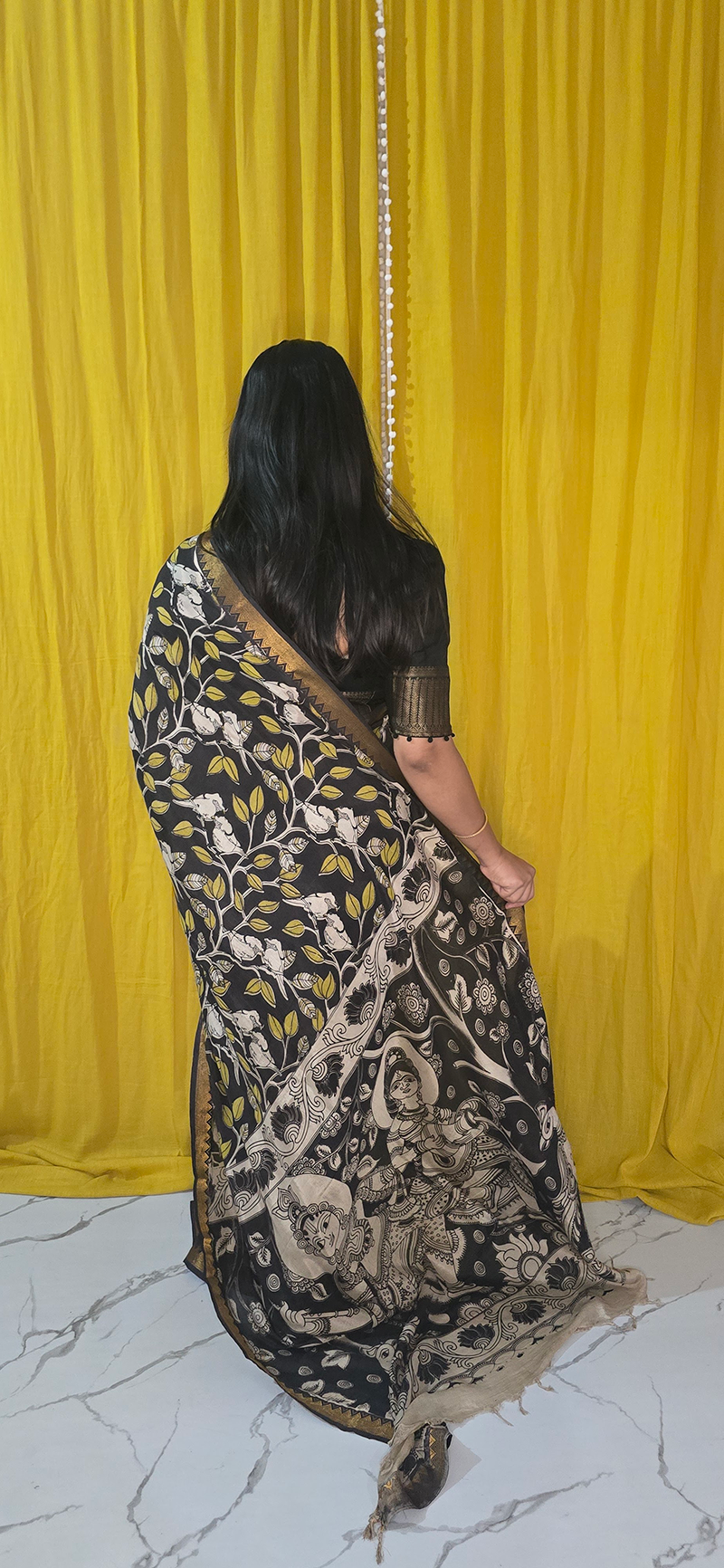 Regal Black and Yellow Kalamkari Mangalagiri Silk Saree with Nizam Border and Hand Block Design