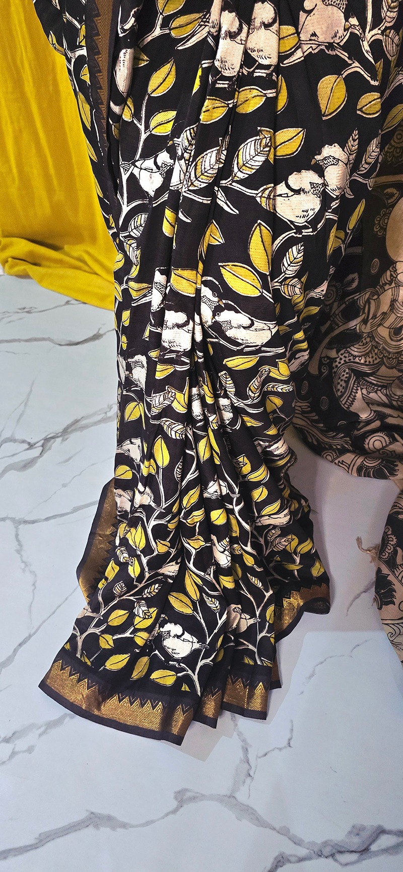 Regal Black and Yellow Kalamkari Mangalagiri Silk Saree with Nizam Border and Hand Block Design