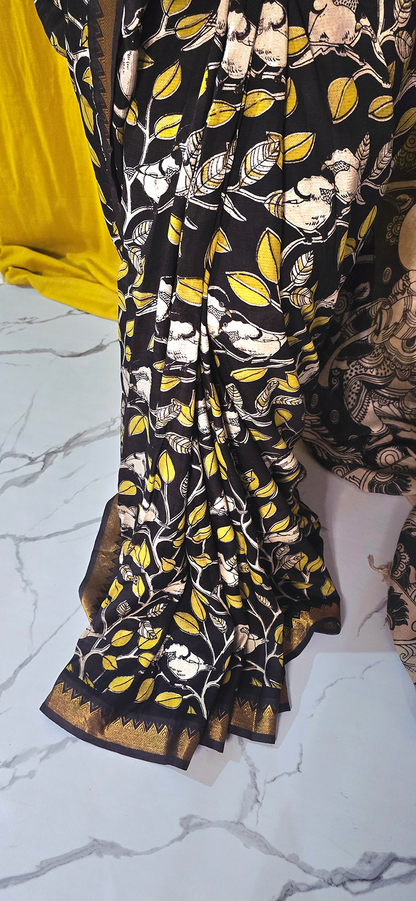 Regal Black and Yellow Kalamkari Mangalagiri Silk Saree with Nizam Border and Hand Block Design