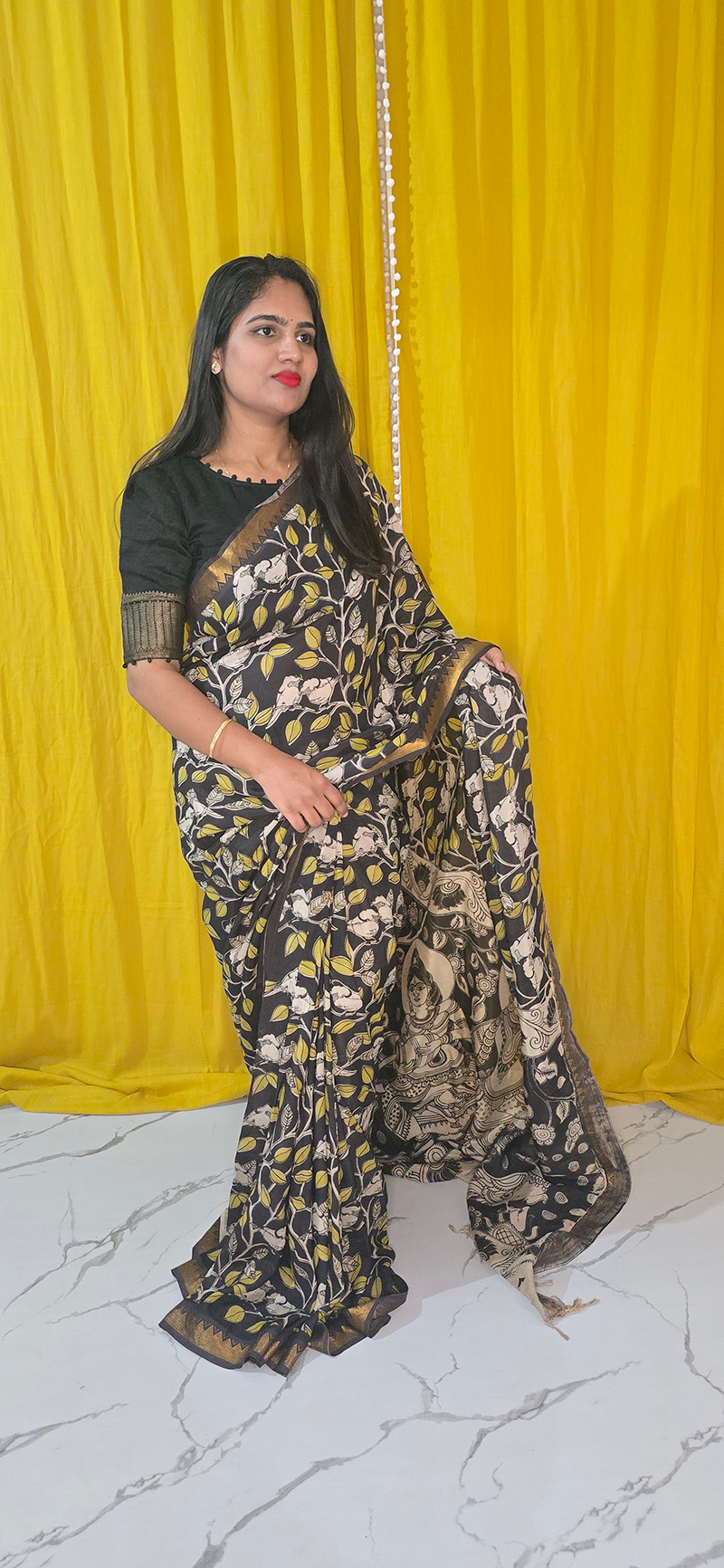 Regal Black and Yellow Kalamkari Mangalagiri Silk Saree with Nizam Border and Hand Block Design