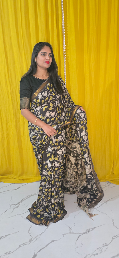 Regal Black and Yellow Kalamkari Mangalagiri Silk Saree with Nizam Border and Hand Block Design