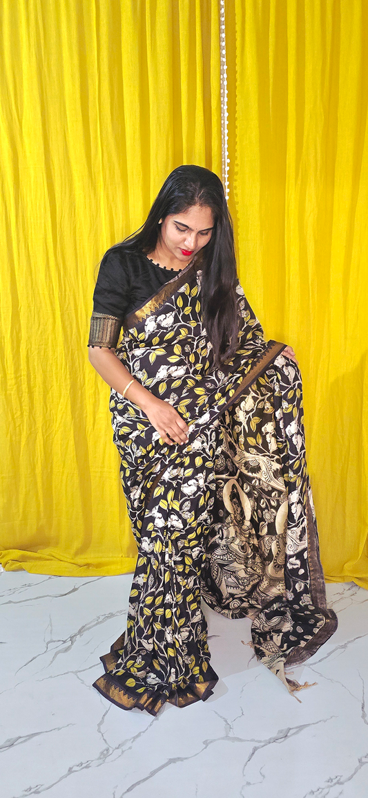 Regal Black and Yellow Kalamkari Mangalagiri Silk Saree with Nizam Border and Hand Block Design