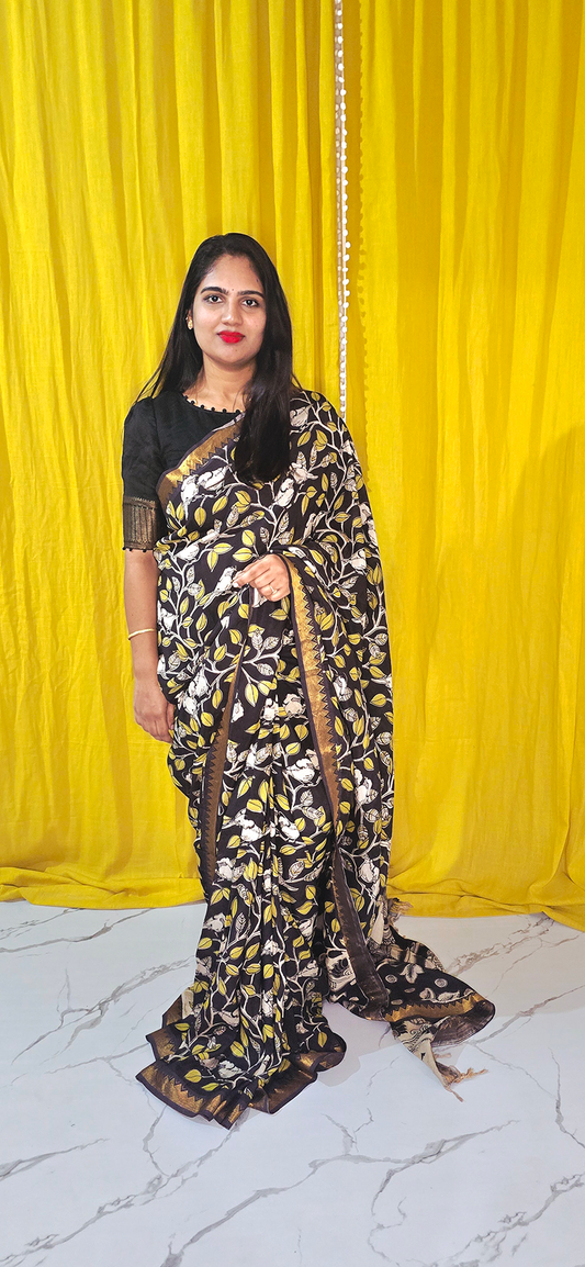 Regal Black and Yellow Kalamkari Mangalagiri Silk Saree with Nizam Border and Hand Block Design
