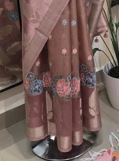 Blush Pink Tissue Organza Saree with Floral Embroidery