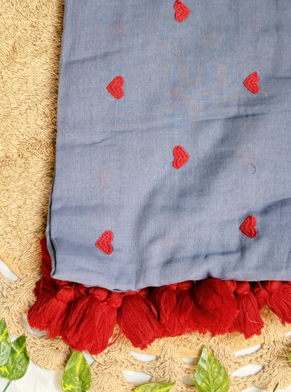 Smoky Grey Mul Cotton Saree with Red Heart Motifs & Tassels