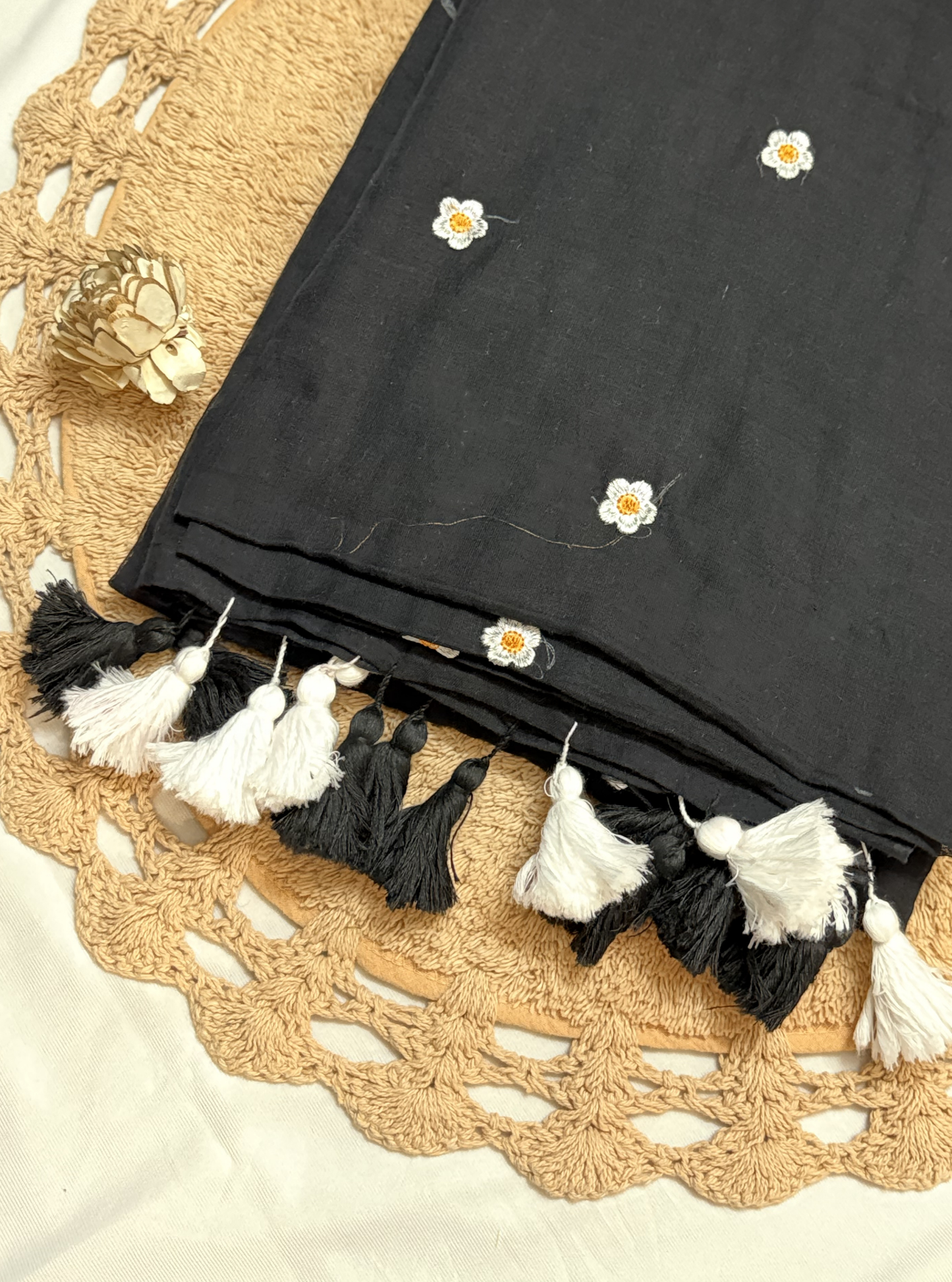 Daisy Charm Black Mul Cotton Saree with Floral Butti & Tassels