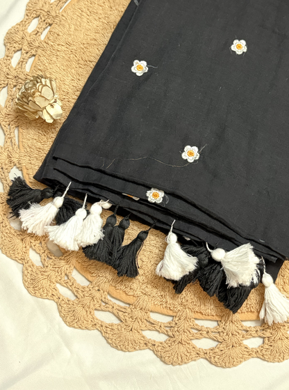 Daisy Charm Black Mul Cotton Saree with Floral Butti & Tassels