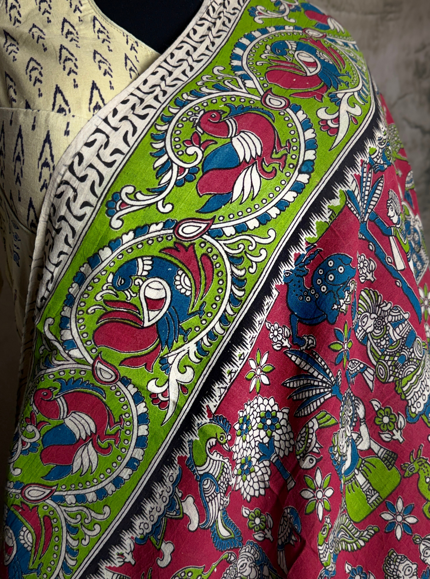 Rani Pink Cotton Kalamkari Saree with Traditional Figurative Prints