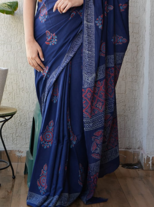 Elegant Navy Blue Modal Silk Saree with Traditional Motifs