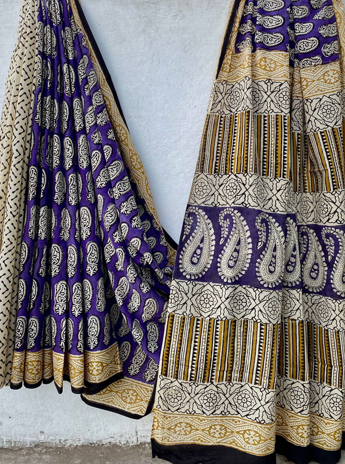 Royal Indigo & Mustard Bagru Handblock Printed Cotton Saree