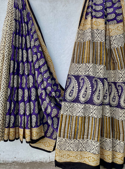 Royal Indigo & Mustard Bagru Handblock Printed Cotton Saree