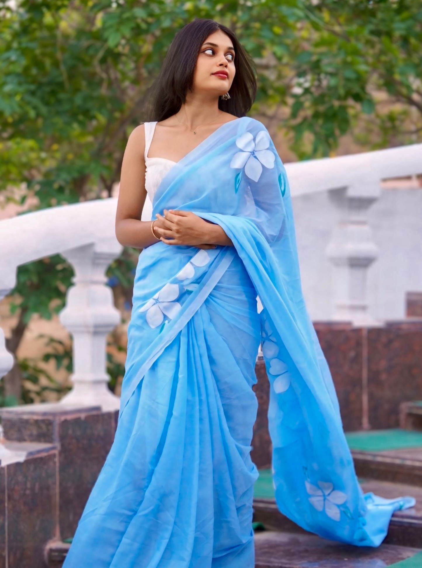 Sky Blue Mul Cotton Saree with Minimal Floral Accents