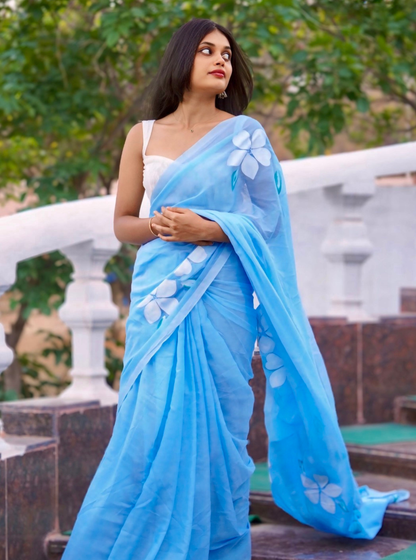 Sky Blue Mul Cotton Saree with Minimal Floral Accents