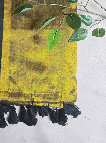 Elegant Mustard Gold Tissue Mul Cotton Saree with Black Border & Tassel Pallu