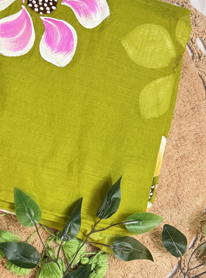 Lime Green Mul Cotton Saree with Hand-Painted Pink Floral Design & Contrast Tassels