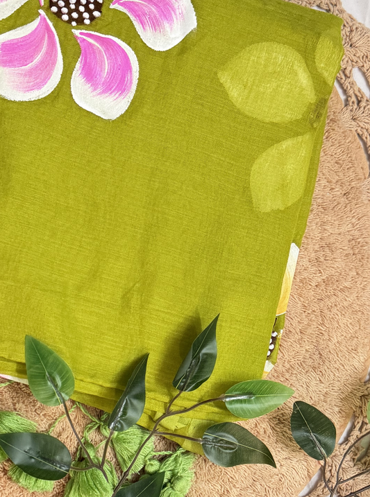 Lime Green Mul Cotton Saree with Hand-Painted Pink Floral Design & Contrast Tassels