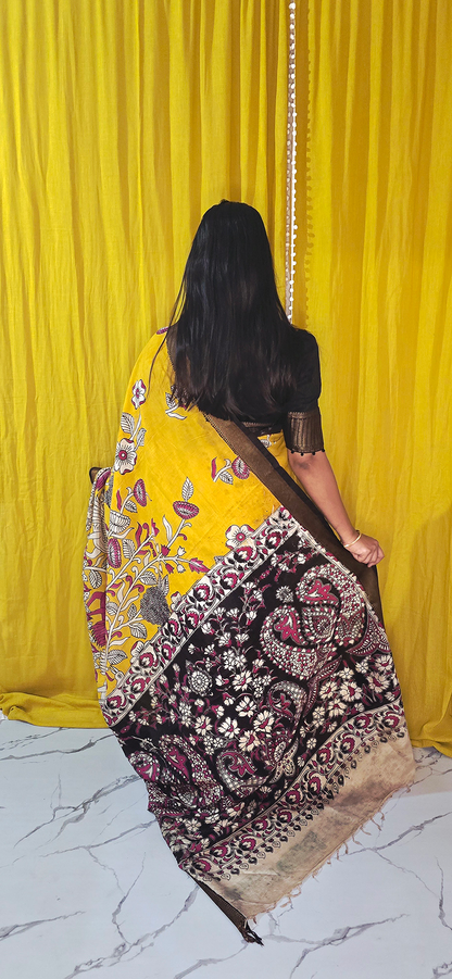 Charming Yellow and Pink Kalamkari Mangalagiri Silk Saree with Nizam Border and Hand Block Design
