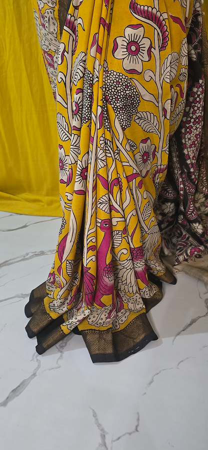 Charming Yellow and Pink Kalamkari Mangalagiri Silk Saree with Nizam Border and Hand Block Design