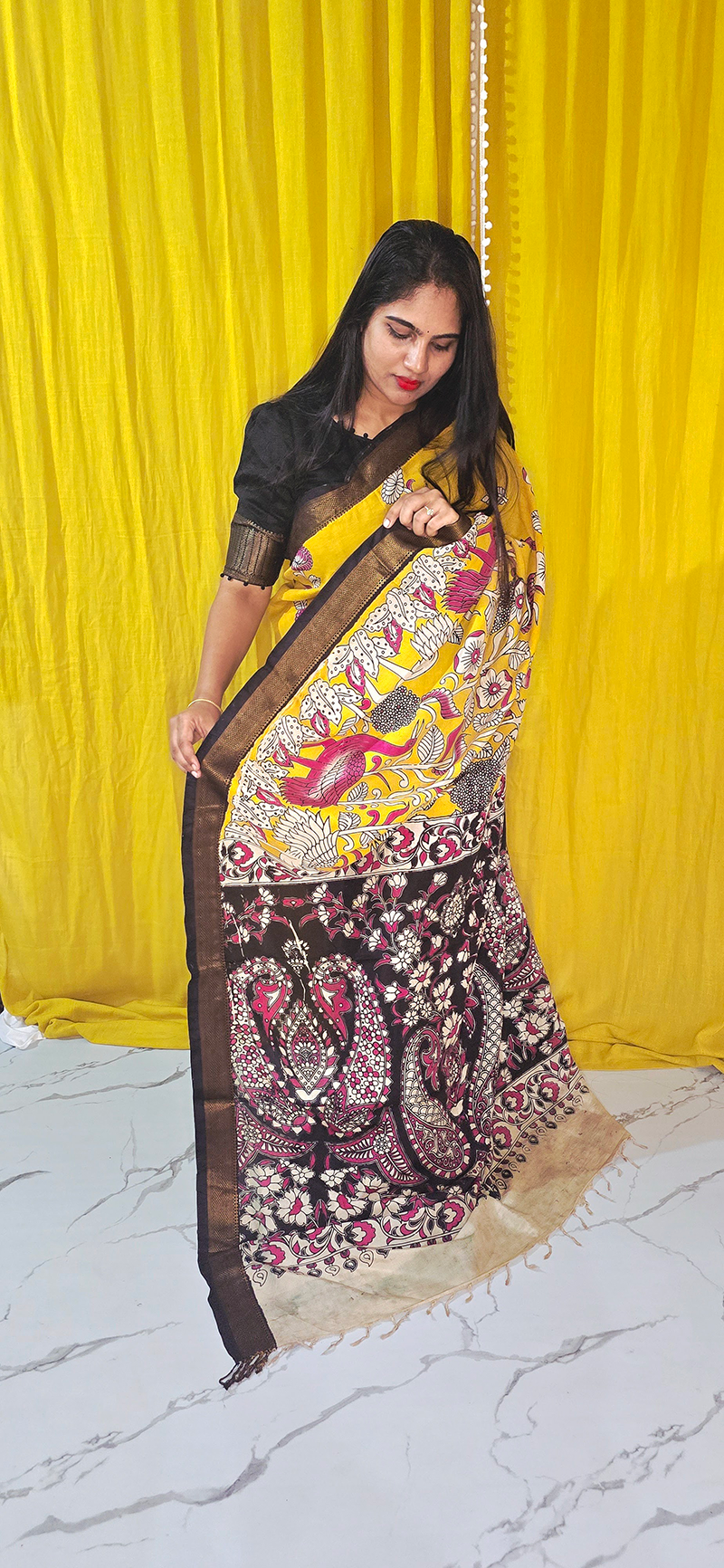 Charming Yellow and Pink Kalamkari Mangalagiri Silk Saree with Nizam Border and Hand Block Design