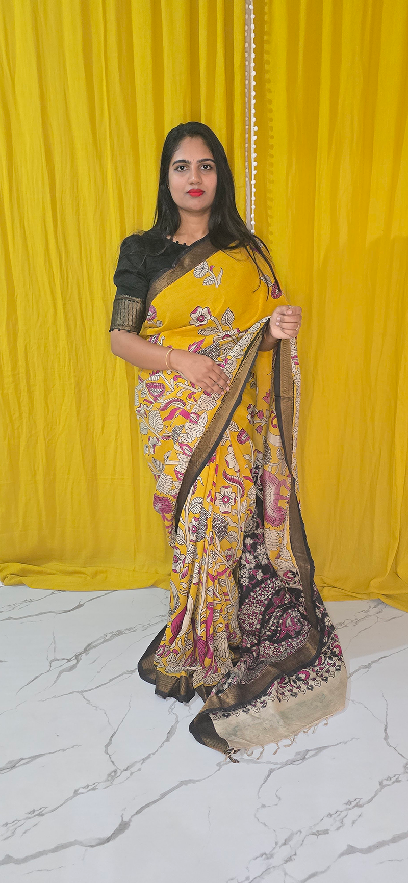 Charming Yellow and Pink Kalamkari Mangalagiri Silk Saree with Nizam Border and Hand Block Design