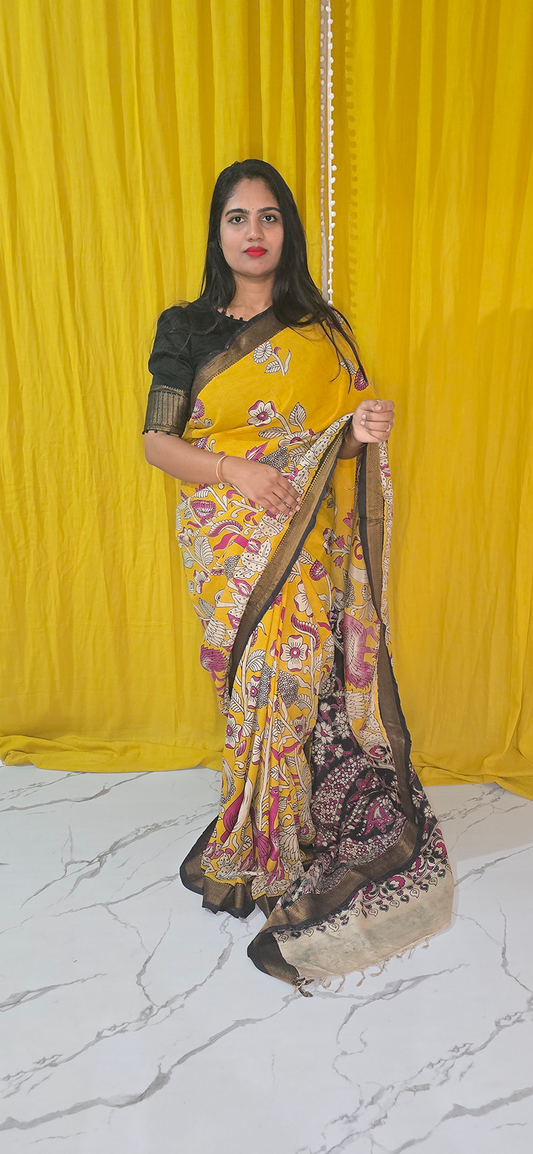 Charming Yellow and Pink Kalamkari Mangalagiri Silk Saree with Nizam Border and Hand Block Design