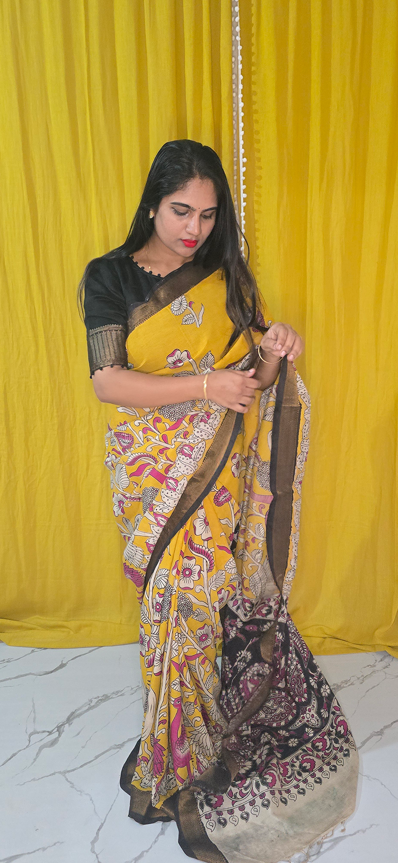 Charming Yellow and Pink Kalamkari Mangalagiri Silk Saree with Nizam Border and Hand Block Design