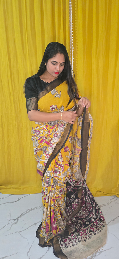 Charming Yellow and Pink Kalamkari Mangalagiri Silk Saree with Nizam Border and Hand Block Design