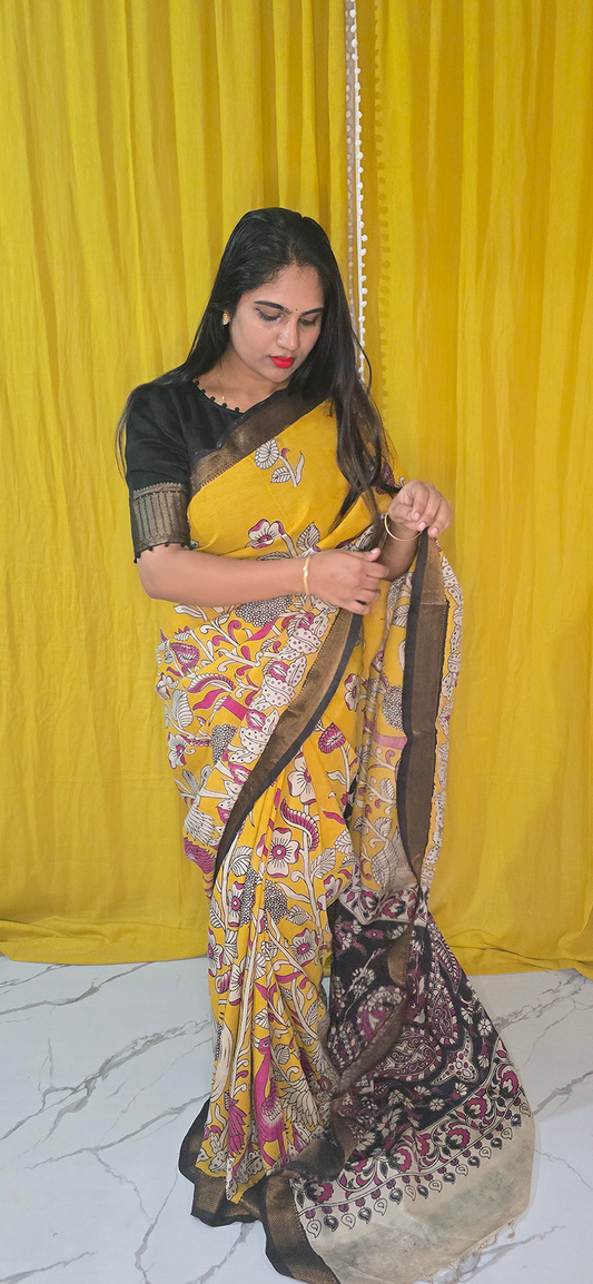 Charming Yellow and Pink Kalamkari Mangalagiri Silk Saree with Nizam Border and Hand Block Design