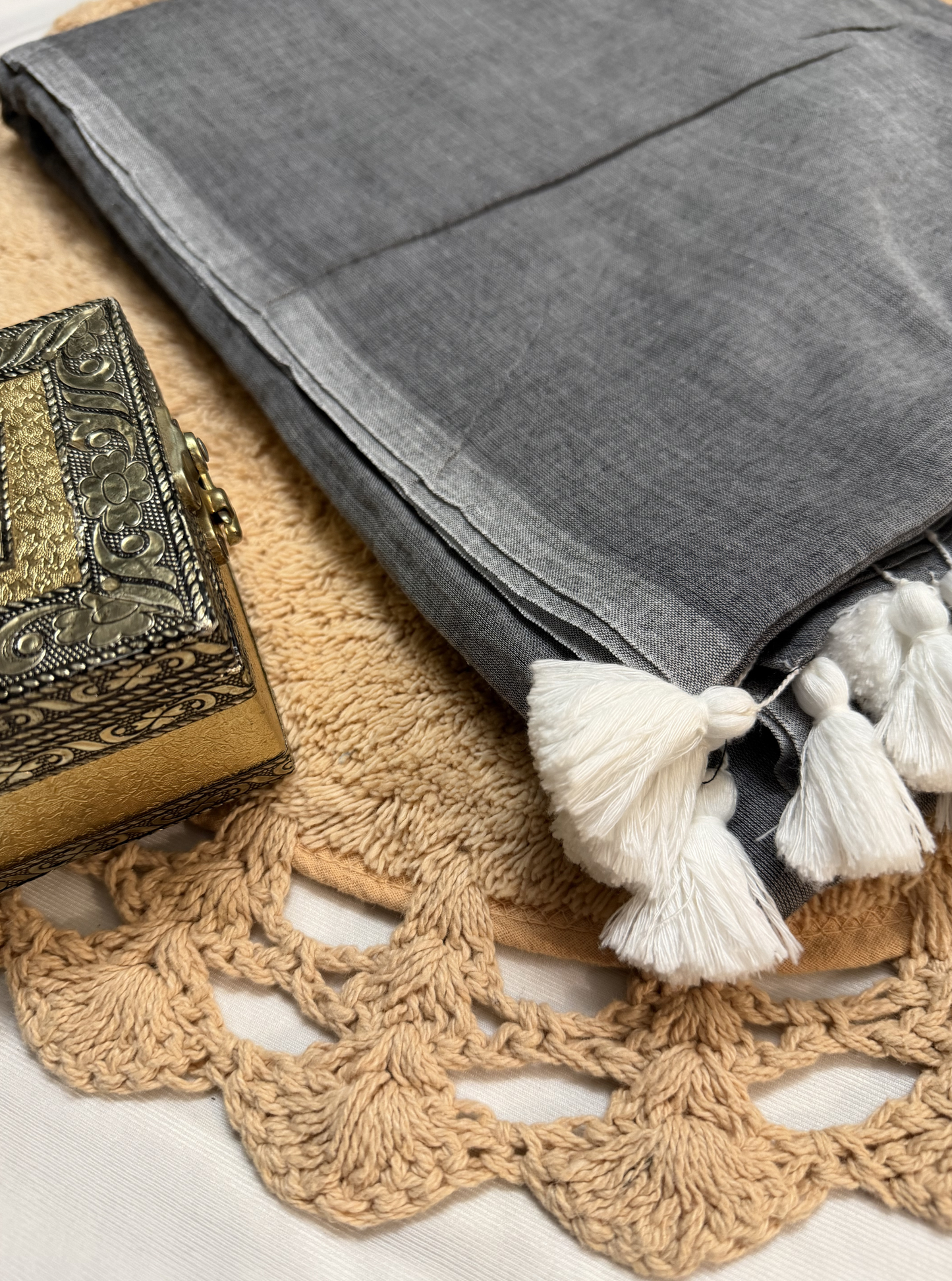 Classic Grey Mul Cotton Saree with White Tassel Pallu