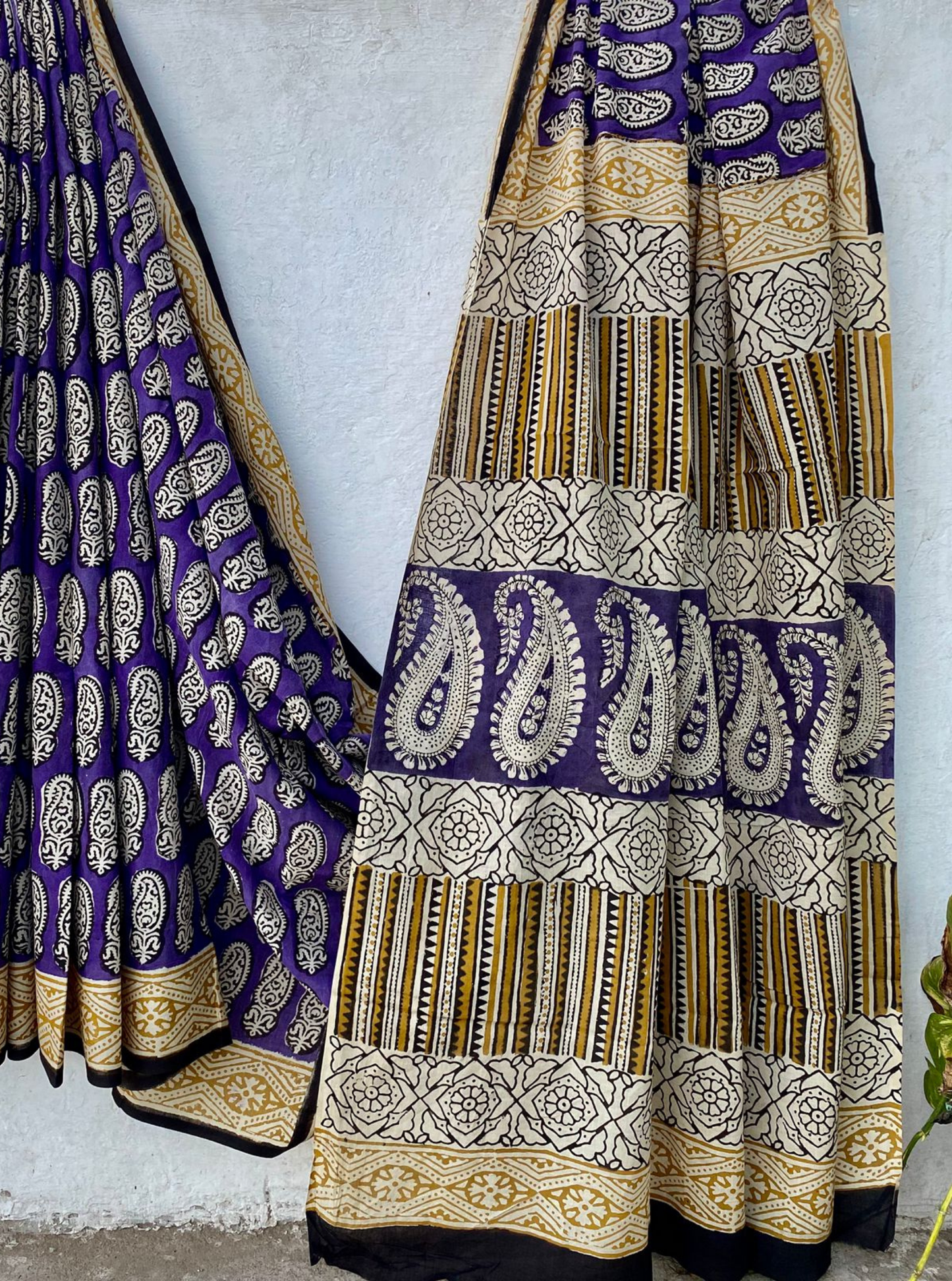 Royal Indigo & Mustard Bagru Handblock Printed Cotton Saree