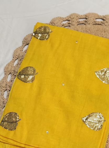 Sunshine Yellow Mul Cotton Saree with Sequin Leaf Motifs & Tassels