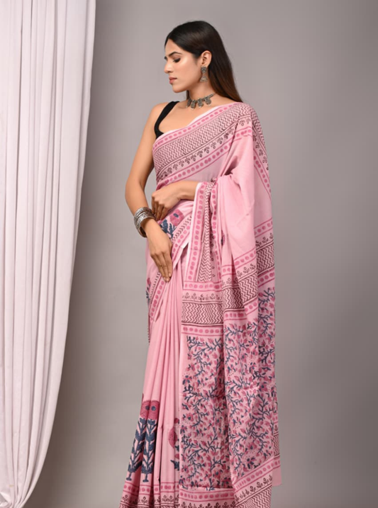 Soft Pink Bagru Print Cotton Saree with Floral Pallu