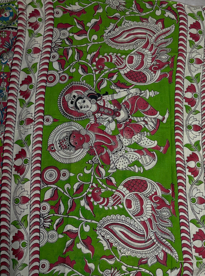 Rani Pink Cotton Kalamkari Saree with Traditional Figurative Prints