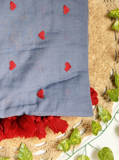 Smoky Grey Mul Cotton Saree with Red Heart Motifs & Tassels