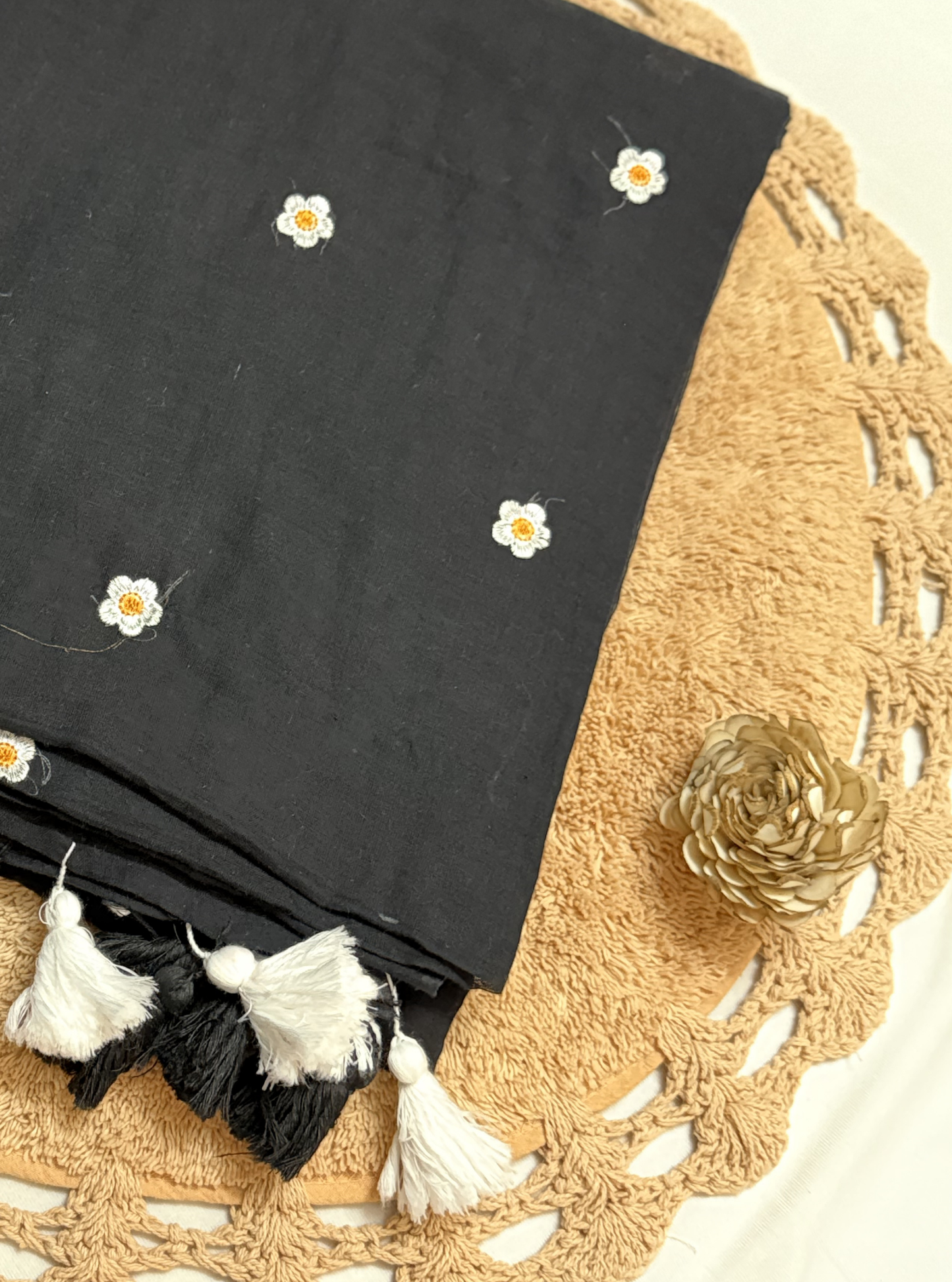 Daisy Charm Black Mul Cotton Saree with Floral Butti & Tassels