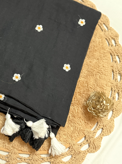 Daisy Charm Black Mul Cotton Saree with Floral Butti & Tassels