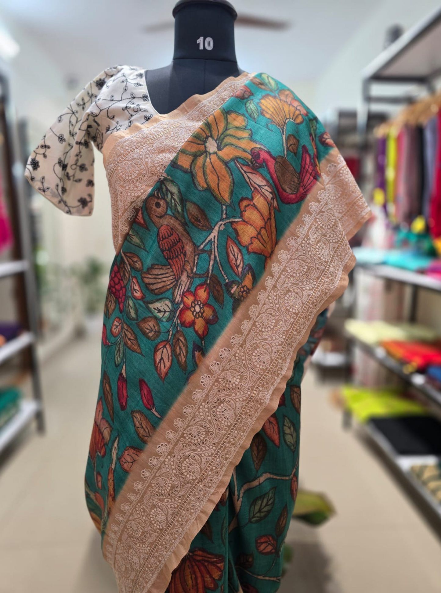 Teal Green Tussar Silk Saree with Kalamkari Bird & Floral Print