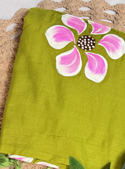 Lime Green Mul Cotton Saree with Hand-Painted Pink Floral Design & Contrast Tassels